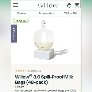 Willow spill proof bag for Willow pump. Unopened box of 48 bags.
